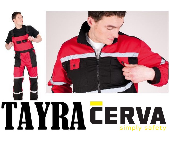 TAYRA Montérková kolekcia Táto súprava je vyrobená z 240g/m2 materiálu v zložení 35% bavlny a 65% polyesteru. Obľúbenú červeno-čiernou kombináciou dopĺňajú výrazné reflexné pásiky, odevy majú pohodlný strih a sú odolné voči olejom a vode. Vďaka týmto prednostiam ju naviac ocenia napr. zamestanci v autoservisoch.